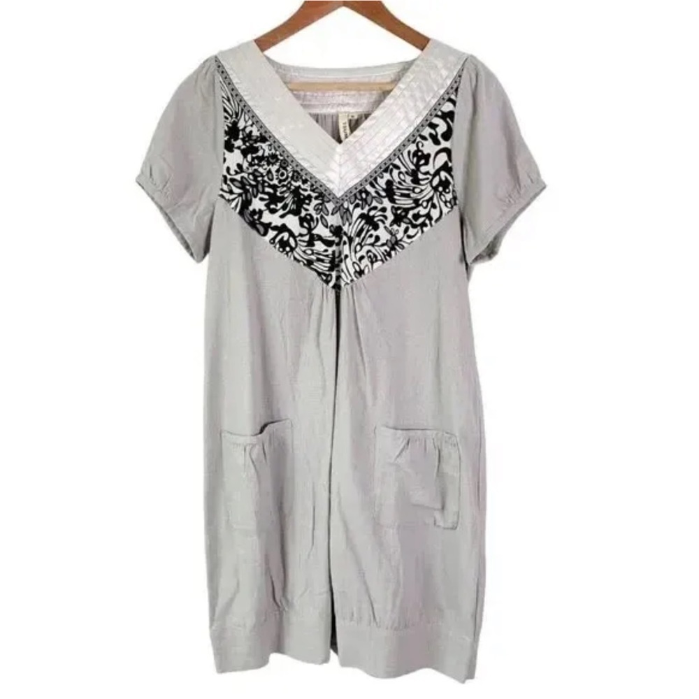 Tsumori Chisato Gray V-Neck Linen Pullover Dress Size Large Pockets Beachy‎ Boho